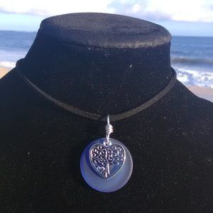 Dark Blue Sea Glass Tree of Life Heart Necklace